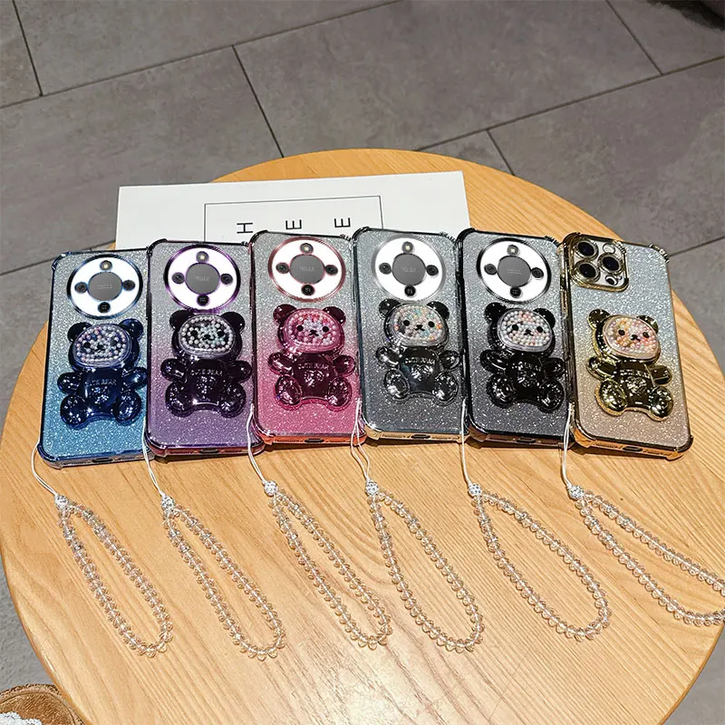 Stoßfeste Handyhülle mit 4 Ecken und niedlichem 3D-Bärenständer, Kristallketten-Lanyard, transparent, für Honor Magic8 Lite X9d X70, Rückseite – Detail 1