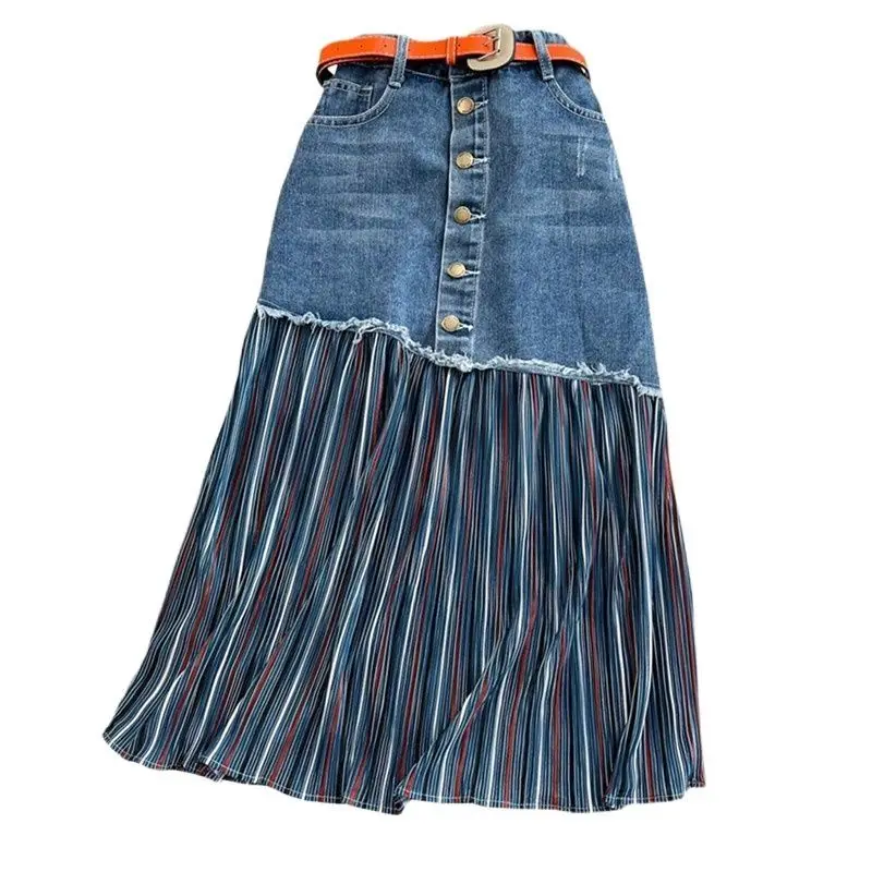 

Female Fashion Striped Print Denim Spliced Hight Waist Irregular Mid-calf A-line Skirt With Belt 2023 Spring Women Skirts