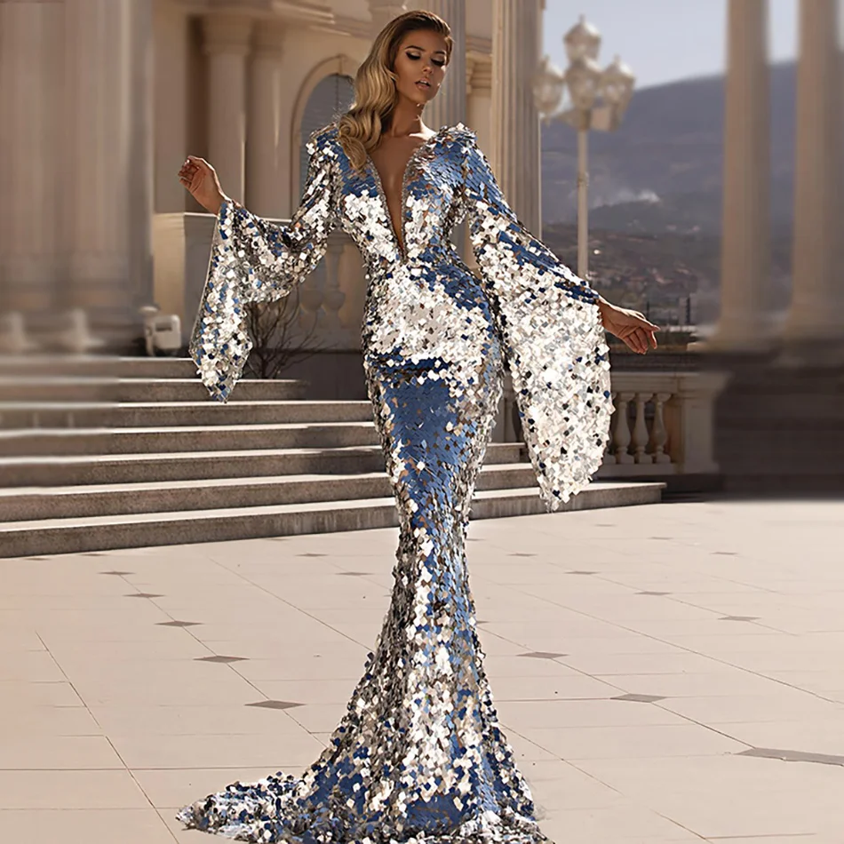 Silver Sequin Maxi Dress Fashion V Neck 