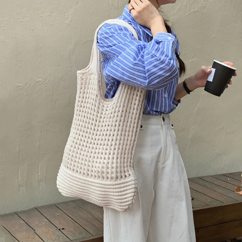New Beach Bag Versatile Fashion Trendy Crochet Knitted Shoulder Bag Travel Handbag for Women Hollow Out Shopper Tote