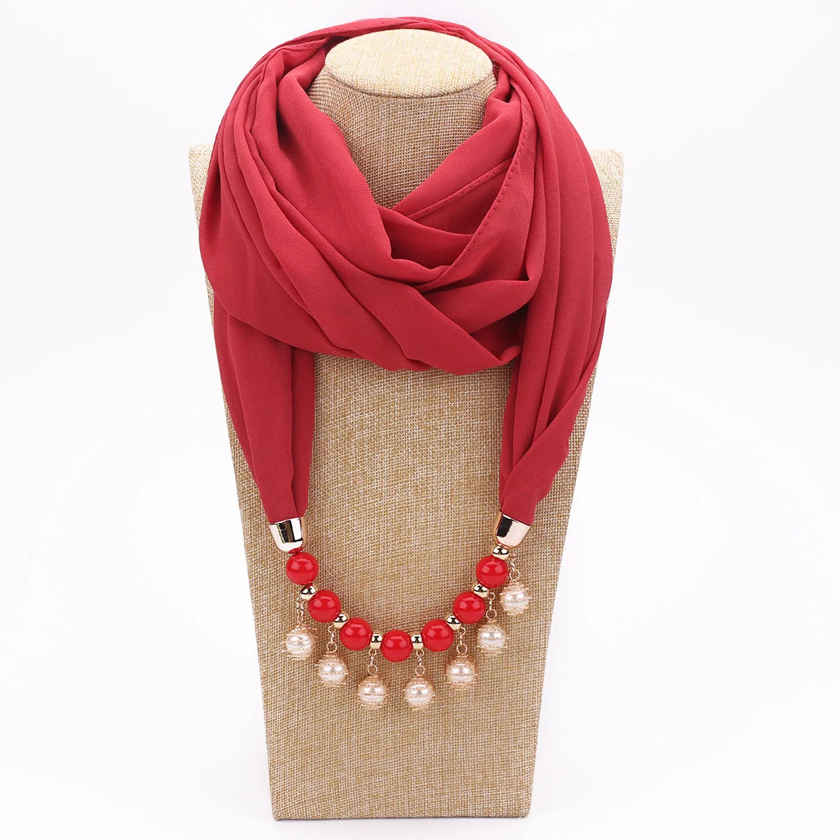 Women Chiffon Neckerchief Hijabs Scarf Necklaces Beads Pearls Solid Color Jewelry Shawl Pendant Scarves Bohemia Head Scarf Mallzona