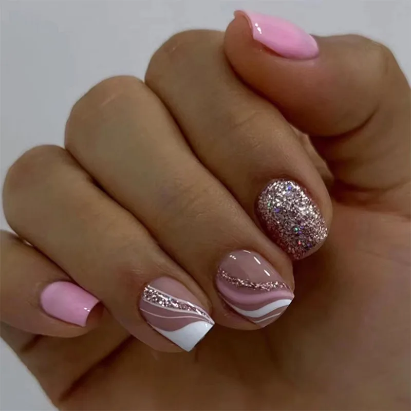 

24Pcs/Set False Nail Pink Wavy curve Fake Nail Tips Full Cover Acrylic False Nails Decoration For Nail Tip Beauty