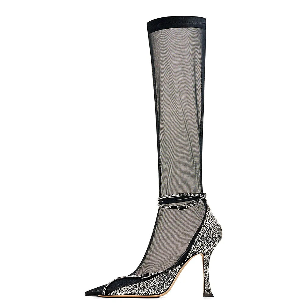 

Summer Women Boots Glitter Diamond Botas Femininas Sexy High Heels Ladies Shoes Elegant Pointed Toe Botines Stretch Mesh Bota