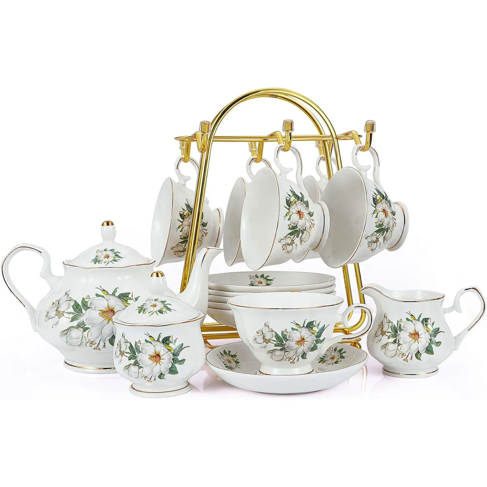 

US Porcelain Tea Set, Tea Cup Set, Ceramic Coffee Gift Sets, Cups Saucer, Service for 6 Teapot Sugar, 22 Pcs