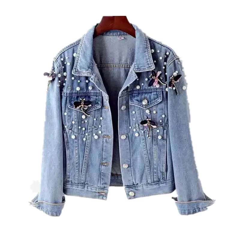 

Women Denim Jacket 2024 New Autumn Fashion Beading Loose Jeans Coat Streetwear Long Sleeve Casual Outerwear Female Overcoat B126