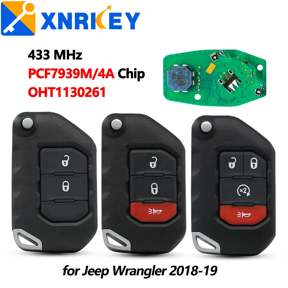 XNRKEY 2/3/4 Button Flip Remote Fob 433MHz 7939M HITAG AES 4A Chip for Jeep Wrangler Folding Key 2018-2019 FCCID: OHT1130261