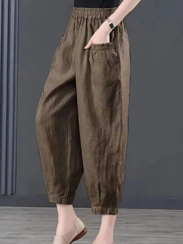 High Waist Ice Silk Cotton Linen Lantern Pants Women's Loose Harlan Pants Asymmetric Commute Sle Nine Points Summer 2025