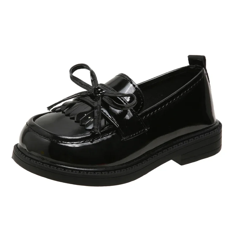 

Britain Children Loafer for School Girls Black Leather Shoes Soft Soles Kids Fashion Tassels Bow Non-slip Casual Shoes