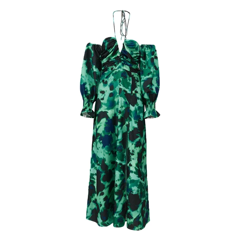 Green Halter Print Backless Maxi Dress For Women 2023 Summer New Beach Off-shoulder Thigh High Split Printing Long Dress Vestido
