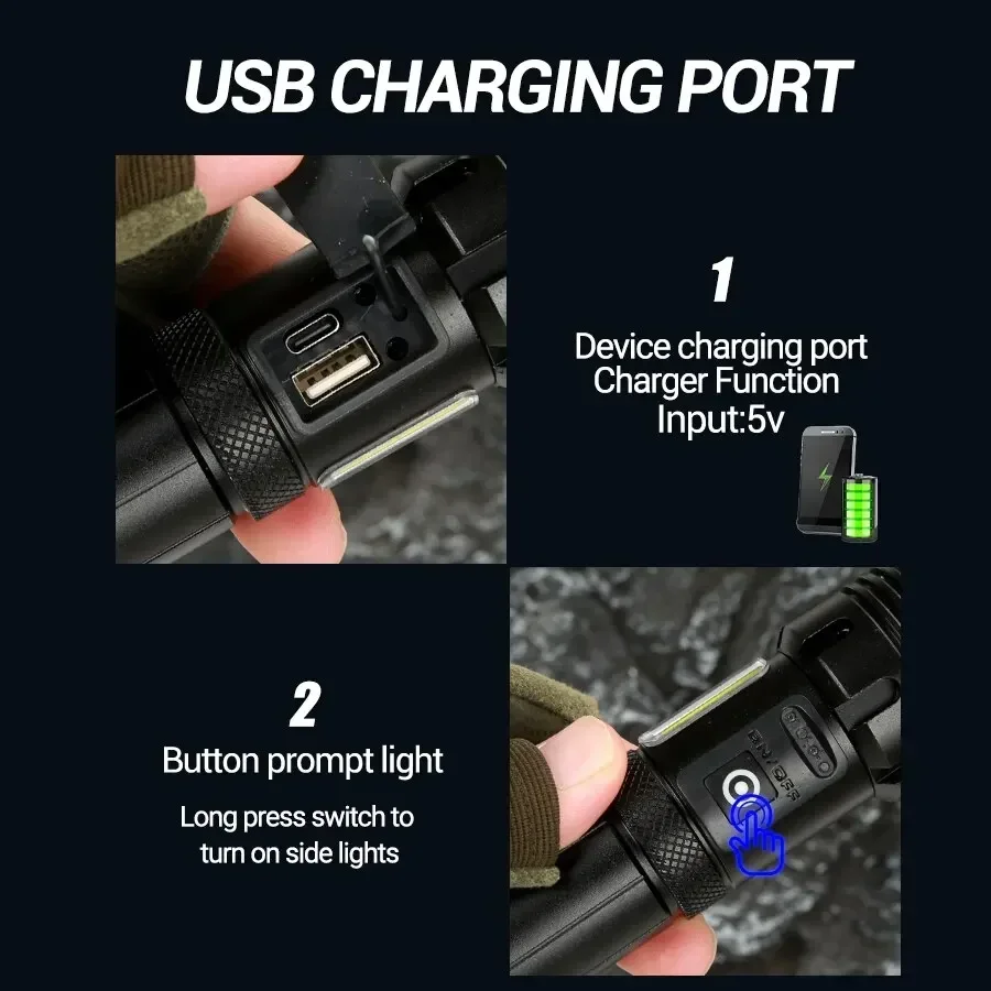 슈퍼 브라이트 강력한 LED 손전등, 보조배터리 토치 라이트, USB 충전식 캠핑 전술 손전등, COB 램프 포함, XHP50