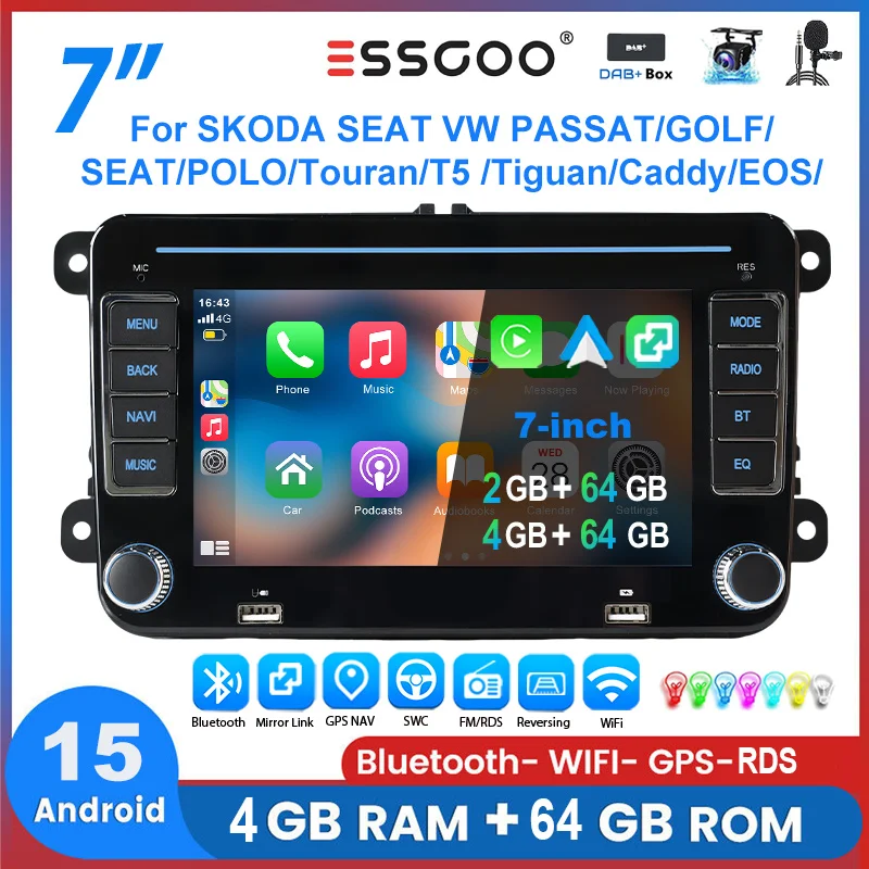 Radio de Coche ESSGOO Android 15 7 Pulgadas para VW Golf 5 6 Passat Polo 6R Touran Tiguan Caddy EOS Jetta Seat Skoda con Carplay Inalámbrico Android Auto GPS Navegación RDS FM Bluetooth WIFI Control del Volante Mirror 1