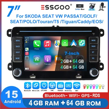 Radio de Coche ESSGOO Android 15 7 Pulgadas para VW Golf 5 6 Passat Polo 6R Touran Tiguan Caddy EOS Jetta Seat Skoda con Carplay Inalámbrico Android Auto GPS Navegación RDS FM Bluetooth WIFI Control del Volante Mirror 1