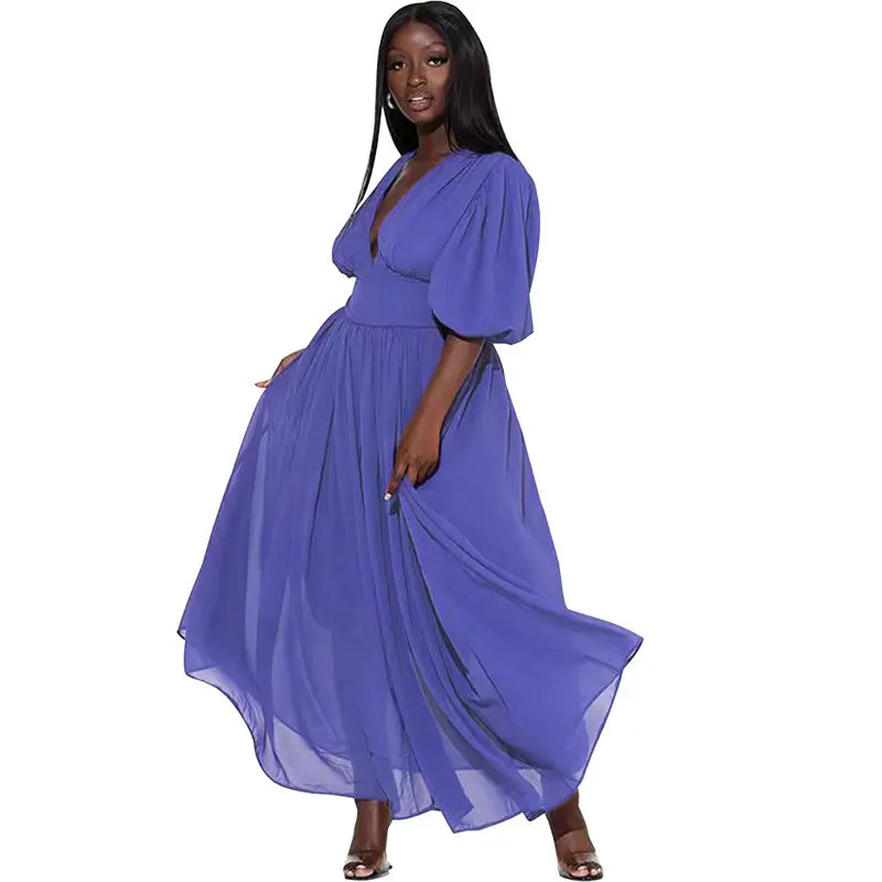

Dashiki African Dress Women High Waist V Neck Puff Sleeve Robes Summer New Solid Fashion Elegant Long African Chiffon Dress 2023