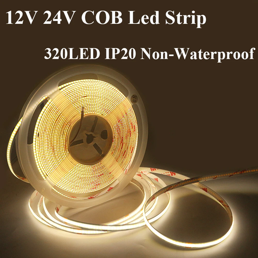 

12V 24V COB Flexible Tape Diode LED Strip Lights 320LEDs/M 12V 0.5m 1m 2m 3m 4m 5m RA90 Not Waterproof Nature White Warm White