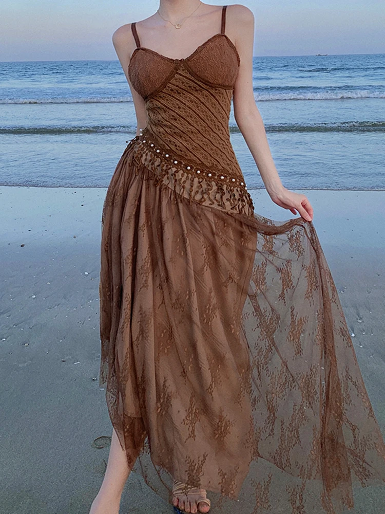 

New Summer Sexy Spaghetti Strap Mesh Party Dress For Women Elegant Lace Beading Slim Beach Dress Vestidos Female Fashion Clothes