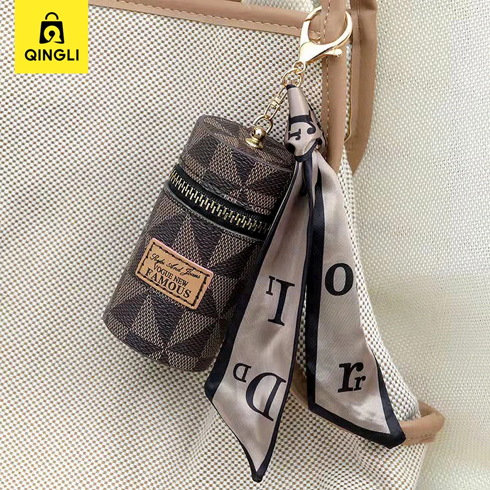 Trend Cylindrical Lipstick Coin Purse Women Portable Key chain Bag Pendant Fashion Checked Pattern Earphone Key Bag Mini Wallet