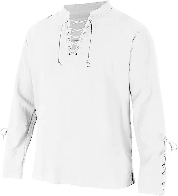 Herbst neue Baumwolle Leinen hemden für Männer Kostüm Strand Tops Kordel zug Design Shirt männlich lose lässige Streetwear Langarmhemd – Detail 6