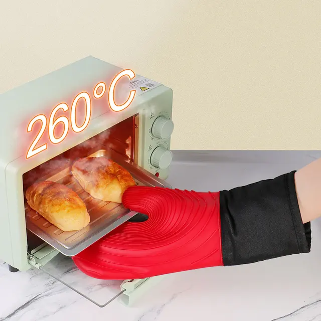Set di guanti da forno in silicone resistenti al calore, fodera in poliestere morbido, guanti spessi flessibili lunghi impermeabili per la cucina 4