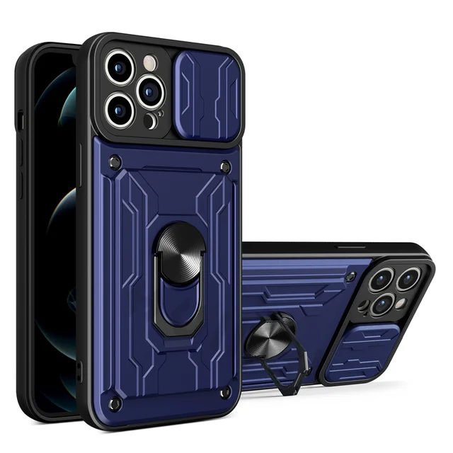 For iPhone 13 12 11 Pro Max Case Slide Stand Kickstand Ring Camera Military Grade Card Slot SE 2020 XR XS Max X XS 8 Plus Cover Blue