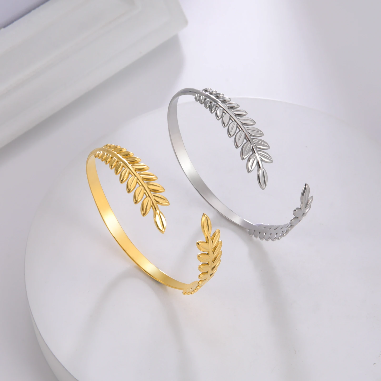 Olive Branch Leaf Double-Headed Leaf Open Bracelet for Women Men Fashion Gold Silver Color Stainless Steel Bangles Jewelry Gift 3