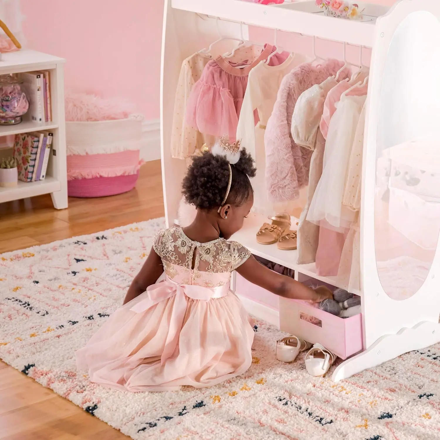Dress Up Storage – White: Dramatic Play Costume Rack with Mirror and Tray for Toddlers - Kids Armoire, Dresser with Fabric 3