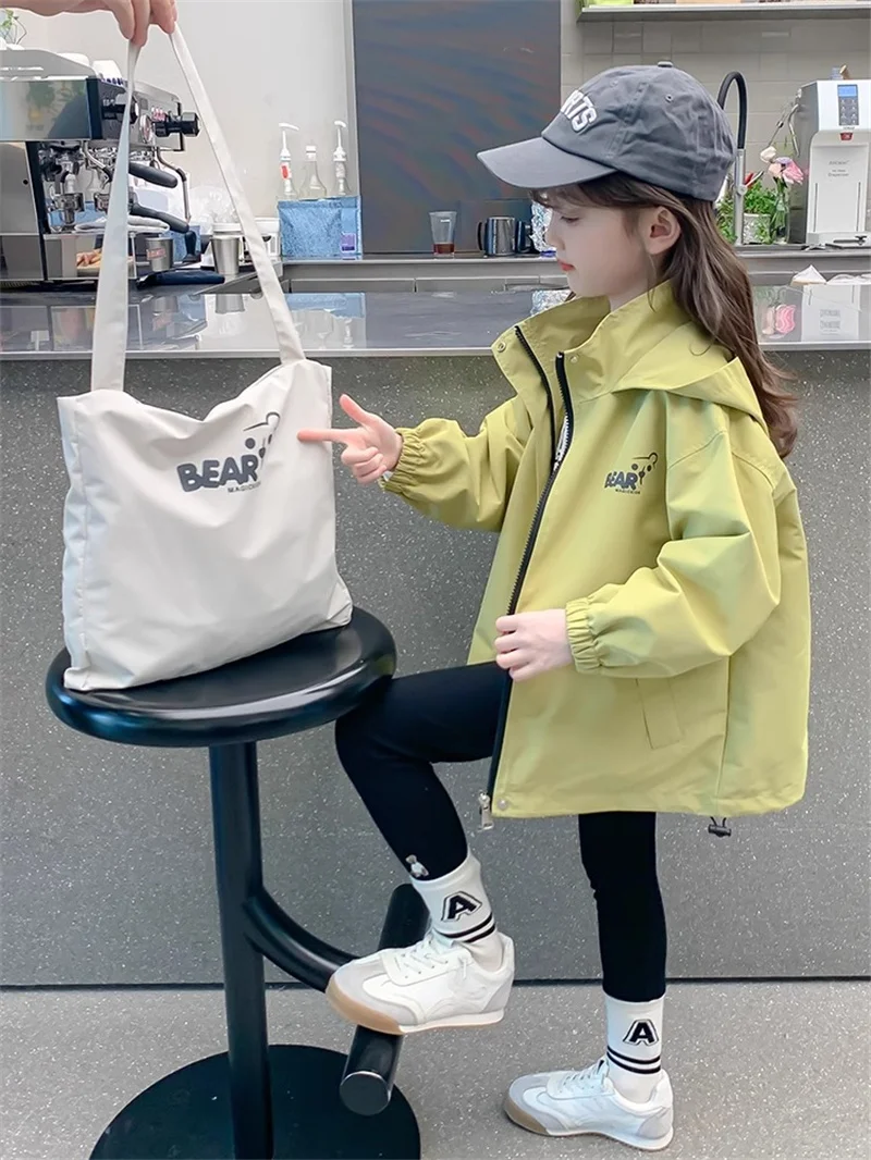 새로운 여자 얇은 트렌치 재킷 가을 봄 어린이 캐주얼 지퍼 Tracksuit 코트 어린이 의류 하이틴 후드 방풍 겉옷
