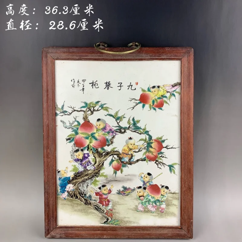 tablero-de-porcelana-de-la-republica-de-china-pastel-jiuzi-pantao-pintura-de-coleccion-antigua-adornos-de-panel-colgante-arte-antiguo