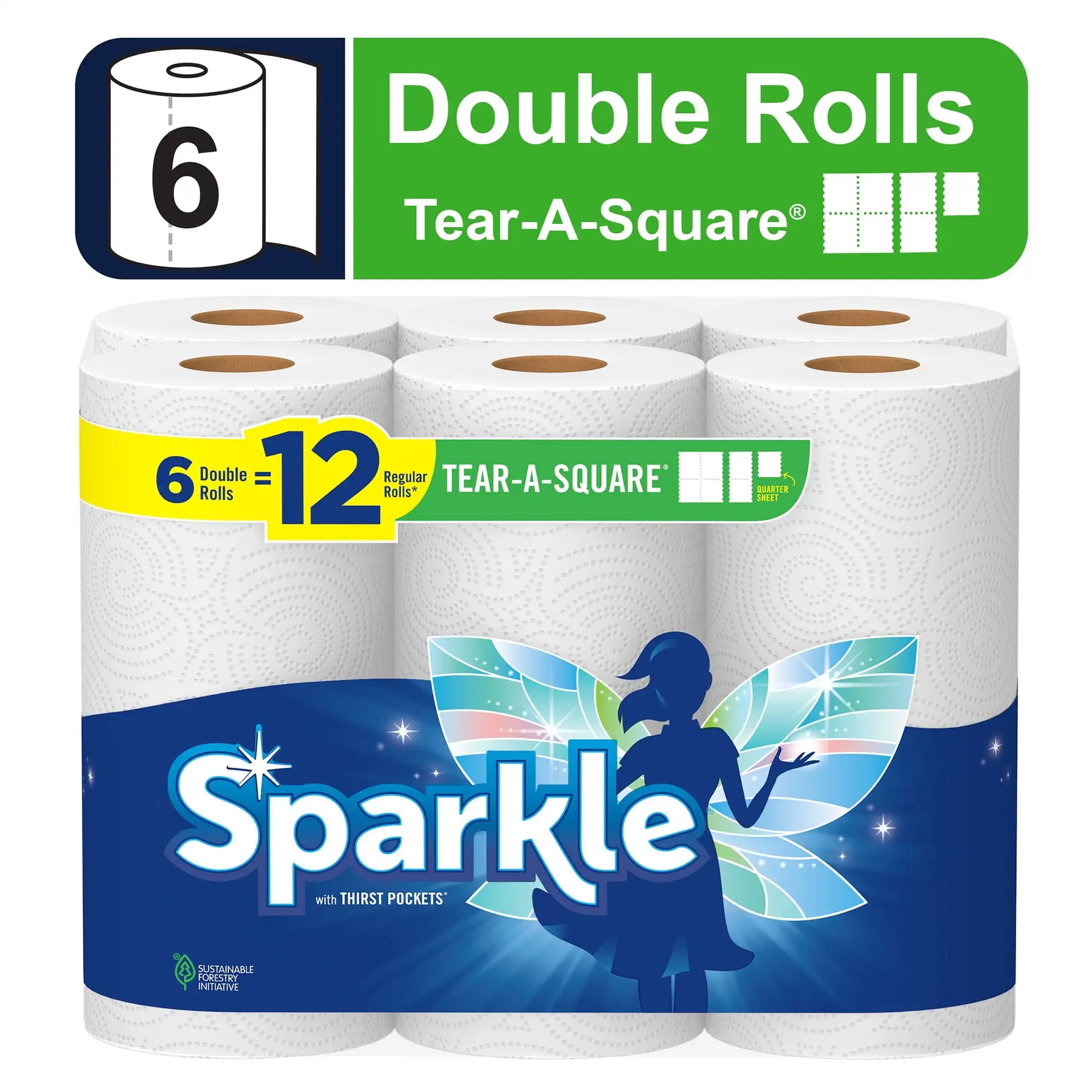 Tear-a-Square Paper Towels 6 Double Rolls Made Strong and Absorbent for Everyday Messes