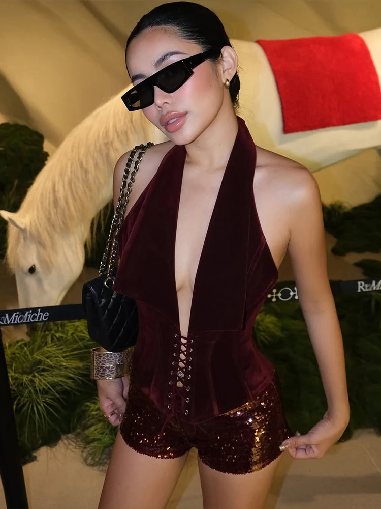 Nibbers Wild Sexy 2 Piece Set Women Halter Backless Shirring Tank Top+Sequin Bike Short Trend Midnight Coquette Party Streetwear