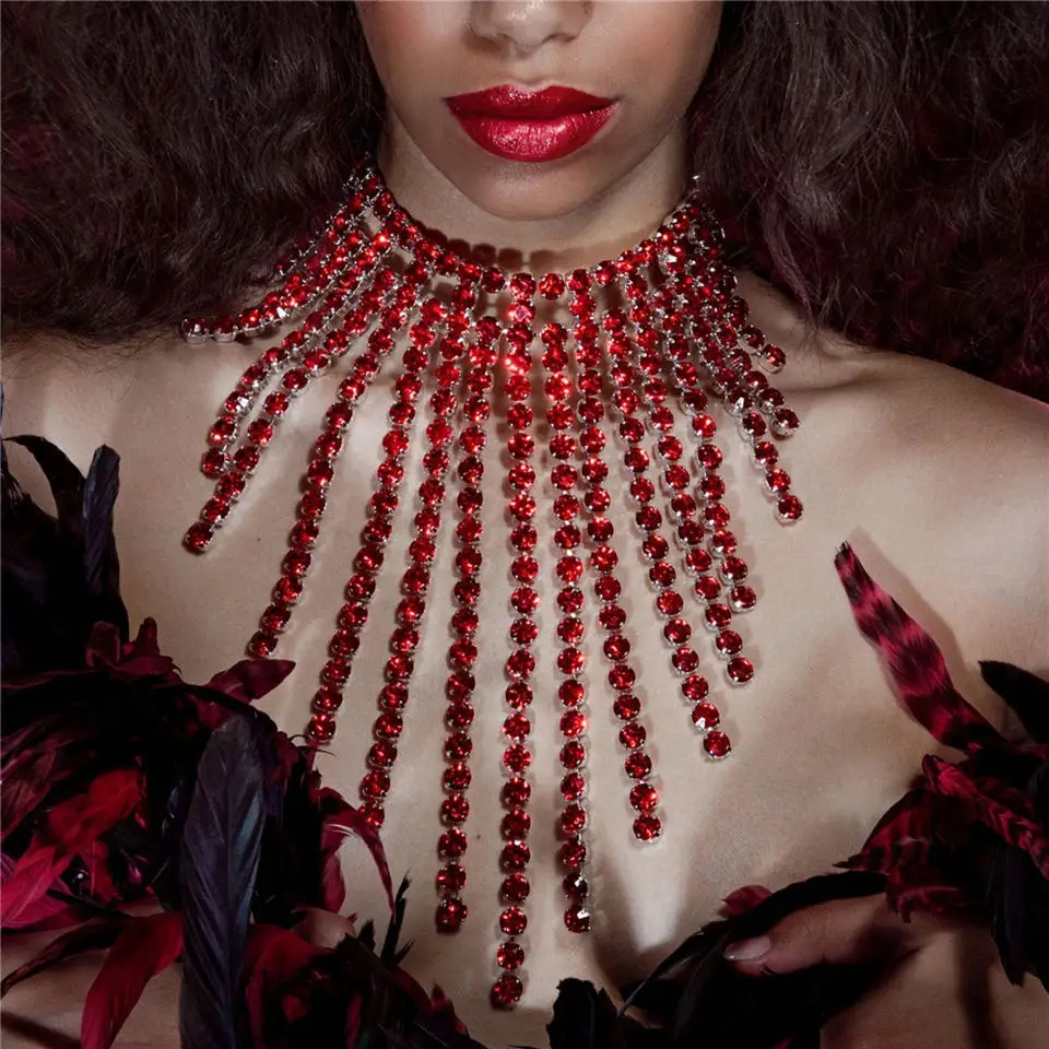 

Fashion Luxury Multilayer Long Tassel Rhinestone Necklace Women's Red Crystal Necklace Fashion Statement Collar Chain Jewelry Ac