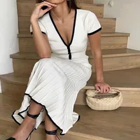 Summer Women White long Skirt Suit Short Sleeve V-neck crop top pleated set elegant dress 2 piece skirt set - Image 2