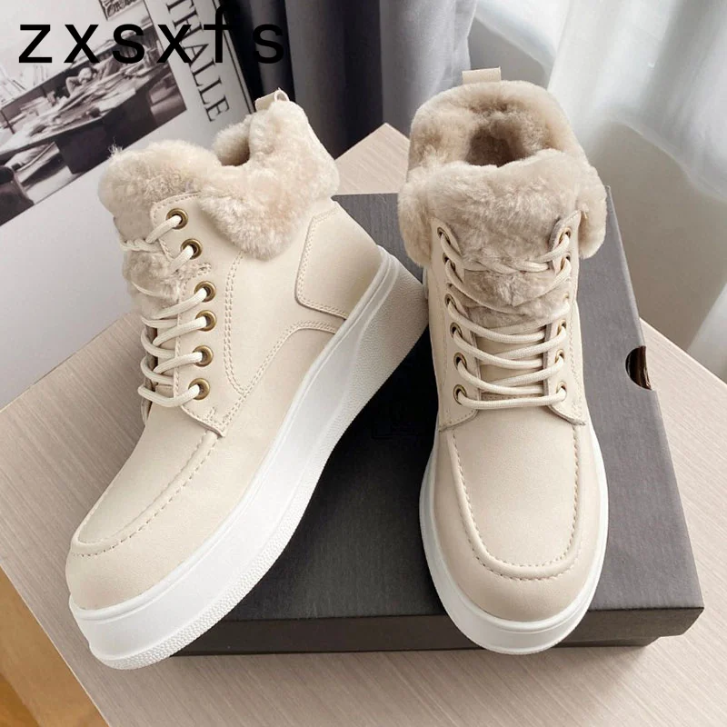 

High Top Flat Platform Wool Shoes Women Winter Snow Boots Thick Sole Lace Up Ankle Boots For Women Brand Warm Fur Shoes Ladies