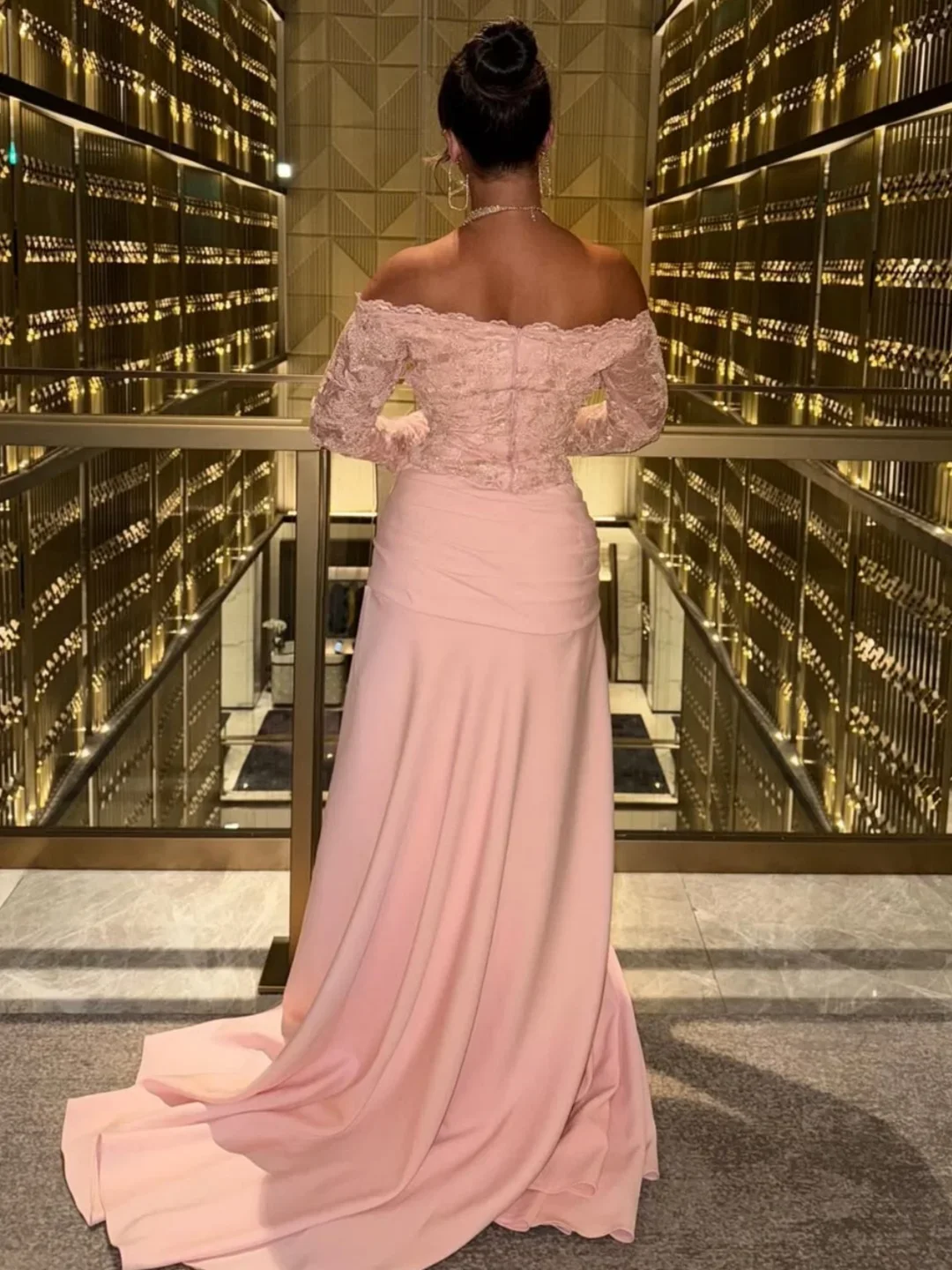 customized Elegant Prom Dresses Long Sleeves Formal Evening Dresses Pink Lace Robes De Party Dresses فساتين مناس 4