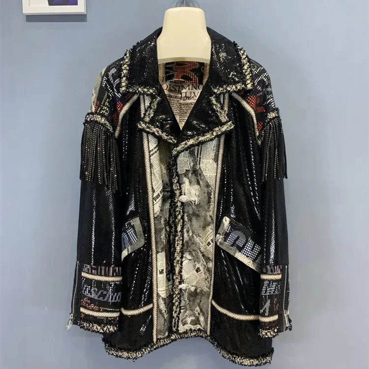 

Sheepskin coat for women tassels medium length genuine leather glossy