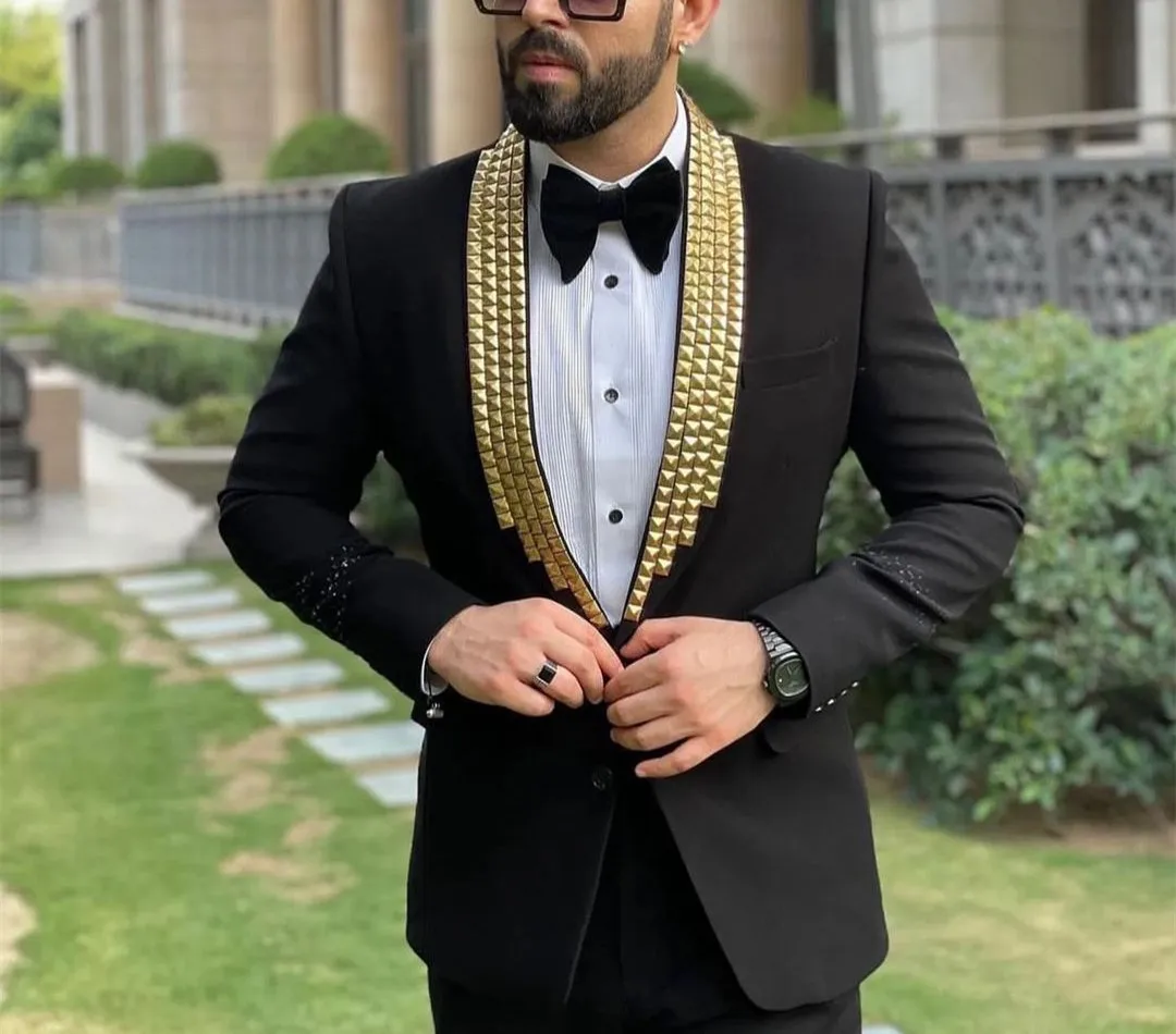 

Black Men Suits Tailor-Made 2 Pieces Blazer Pants Single Breasted Diamonds Bead Lapel Gentle Business Wedding Plus Size Tailored