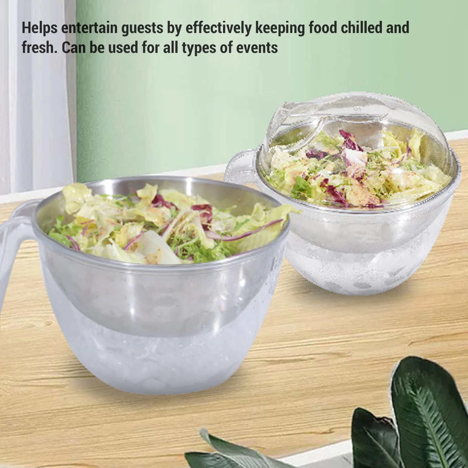 Iced Salad Bowl with PC Transparent Lid Stainless Steel Slanted Chilled Salad Bowl for Fruit Vegetable Chilled Salad Bowl