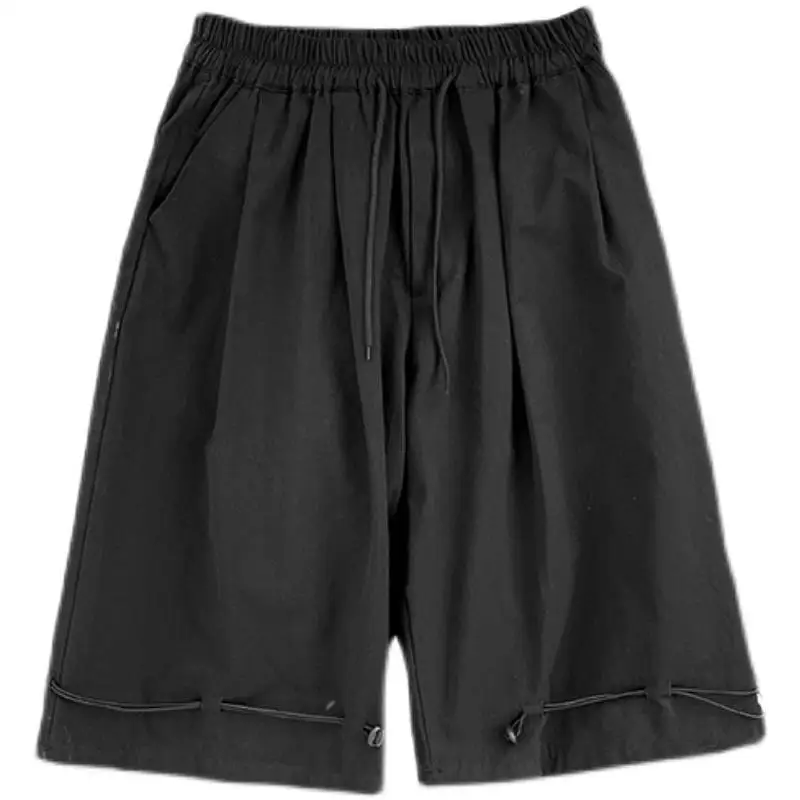 Summer Hong Kong Breeze Men's Clothing Trend Solid Color Loose Straight Wide Leg Bloomers High Street All-match Cropped Shorts