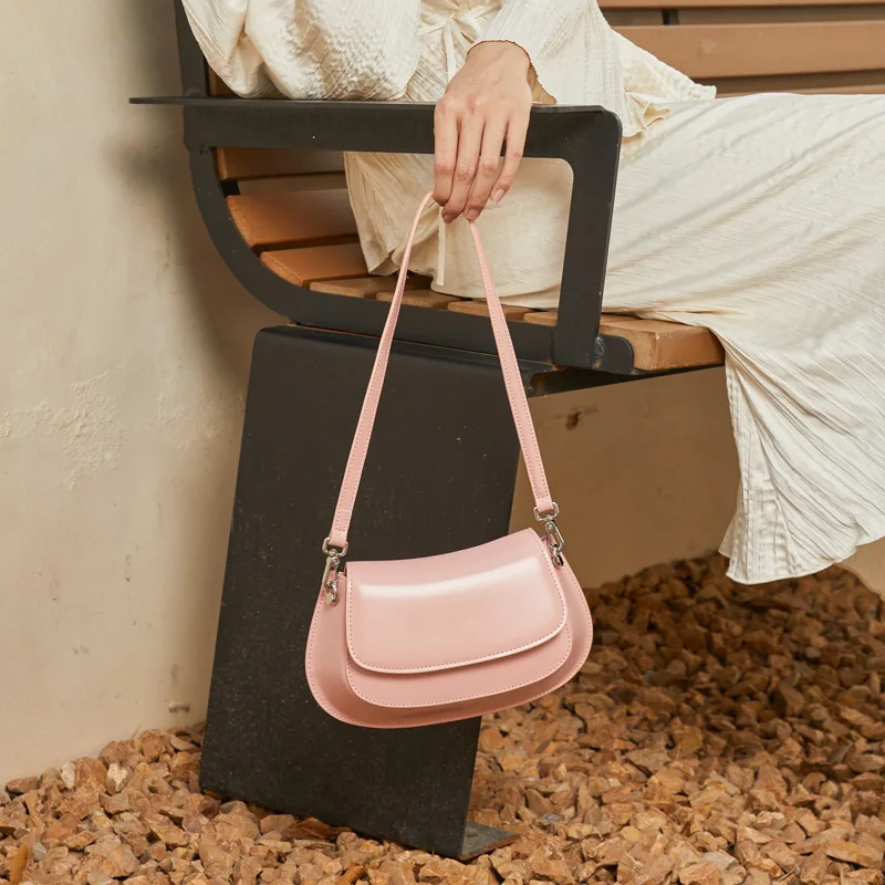 ZR DIARY Simple Underarm Bag Women Split Cow Leather Saddle Bags Sewing Solid Color Female Messenger Shoulder Bag M135
