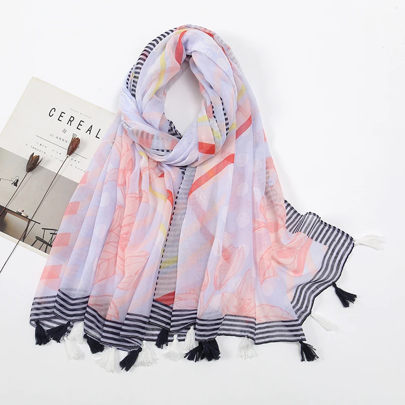 2023 Fashion Floral Tassel Viscose Shawl Scarf Lady High Quality Wrap Thin Print Pashmina Stole Beach Retro Boedia Muslim Hijab