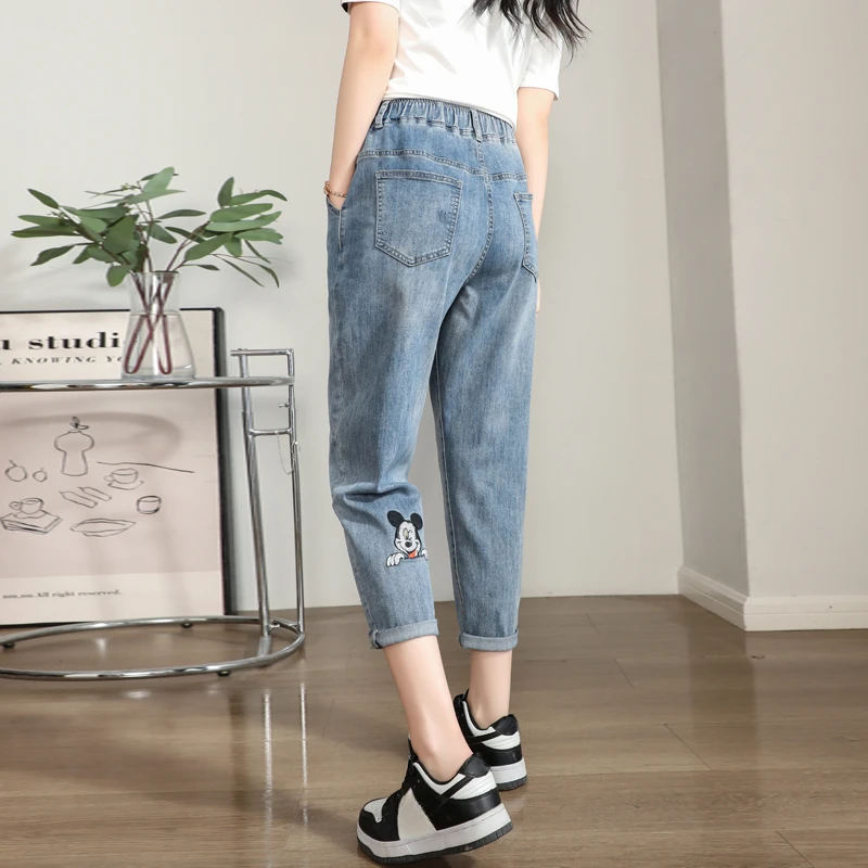 Potdemiel Cartoon Embroidery Harem Jeans Female 2024 New Eight Denim Pants Spring And Summer Show Skinny Cropped Pants Trousers
