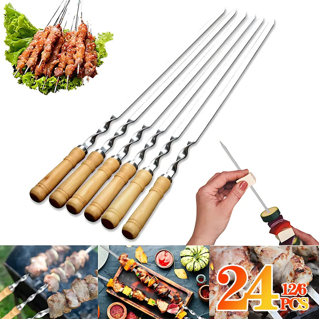 6-24PCS 55cm BBQ Fork BBQ Skewers Long Handle Kebab Barbecue Grill Sticks Reusable Stainless Steel Outdoor Camping Grill Needle