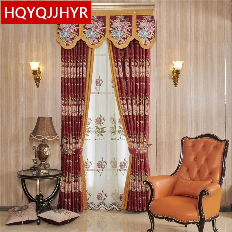 

Wine Red Luxury Chenille Jacquard Thickening Blackout Curtains For Living Room Bedroom Custom French Window Curtains