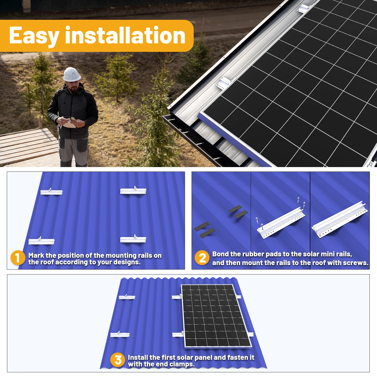Solar Panel Roof Module Aluminum Mounting Bracket Rail Set for Pv Solar Panel 4/6Pcs
