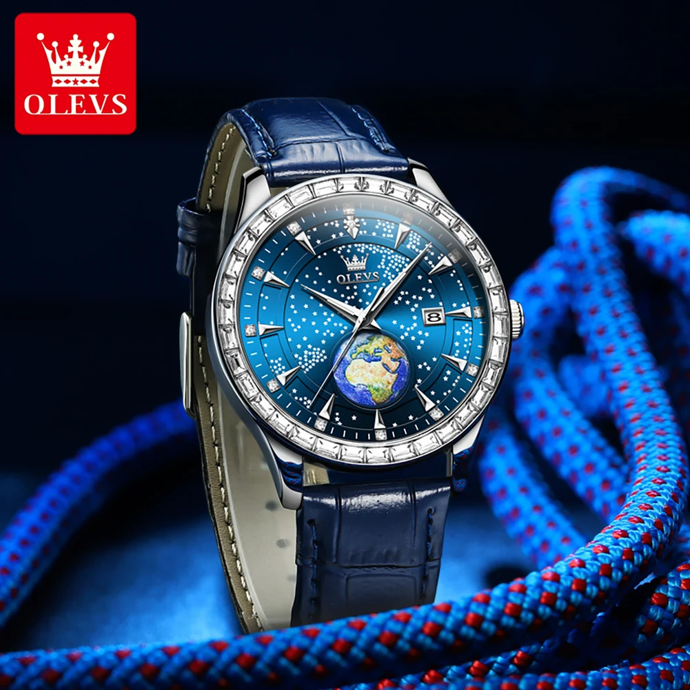 OLEVS Fashion Blue Starry Sky Earth Design Quartz Watch For Men Luxury Leather Strap Diamond Wristwatch Waterproof Mens Watches