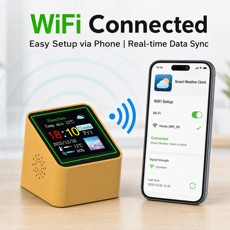 Desk Accessories Clock, Smart Wifi Station, Display Weather, Temperature, Humidity, Time, Alarm Top Electronic, Type-C Min DC 5V