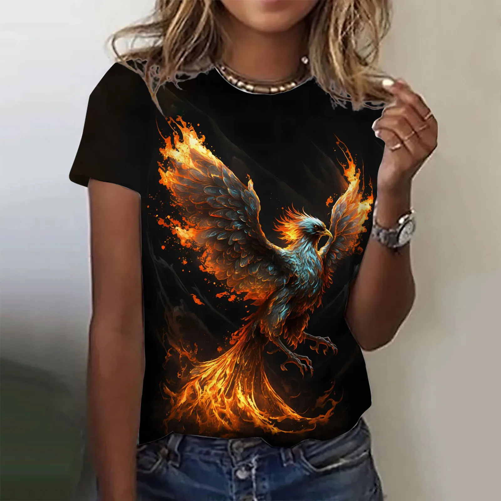 

Women's T-Shirt Summer Short Sleeve Loose Casual Traditianal Phoenix Print Top Pattern Pullover T Shirts for Girls Sweater