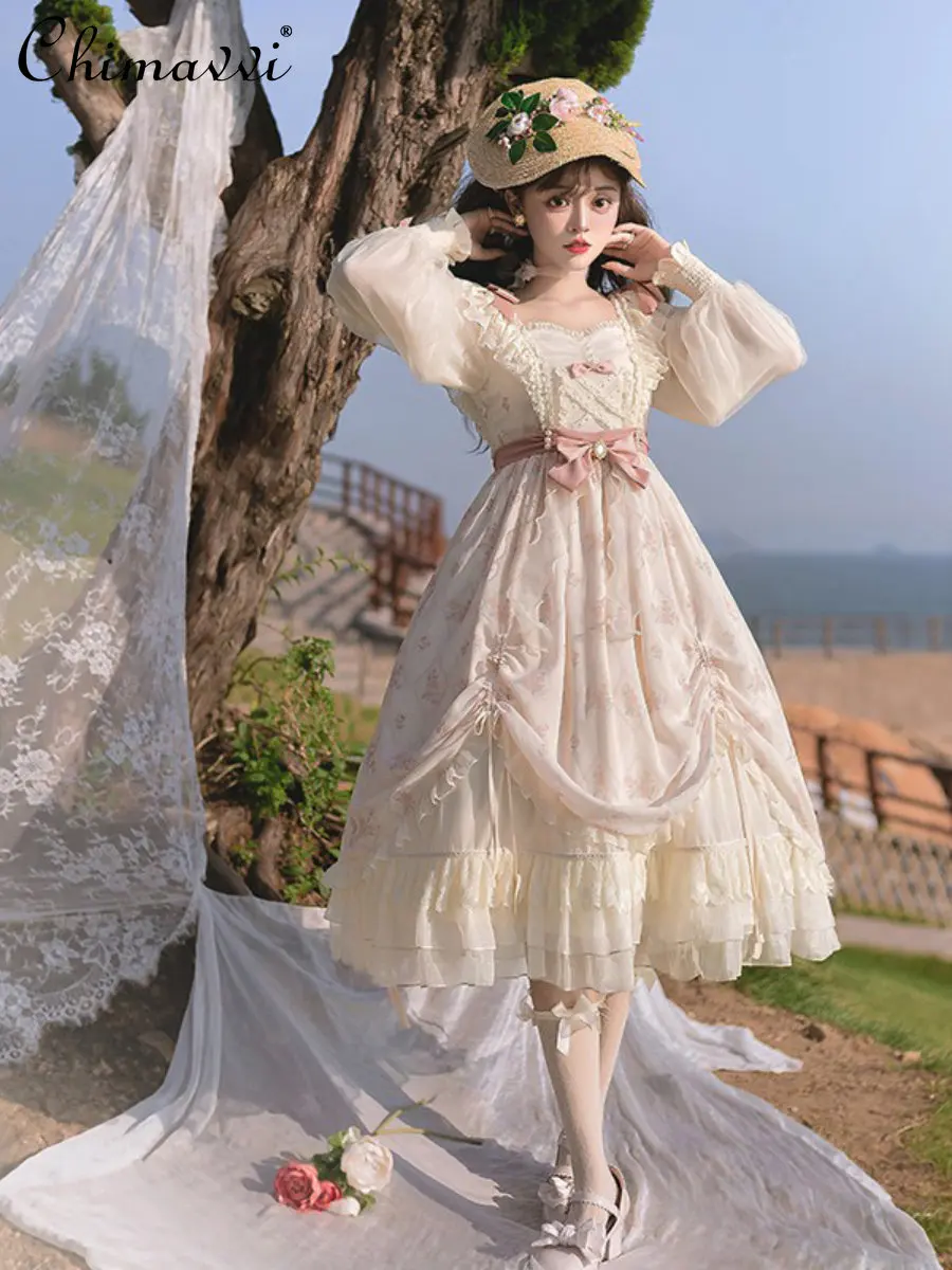 

Original Lolita Dress 2023 Spring and Autumn New Sweet Temperament Long Sleeve Mid-Length Elegant Girly Style Dress Women