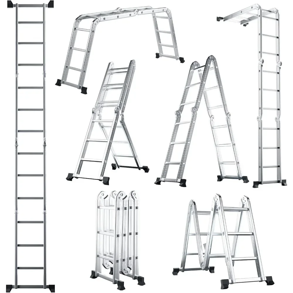 12.2FT Folding ladder 7-in-1 Aluminum alloy Extendable ladder Reinforced stabilizer bar Non-slip foot pads