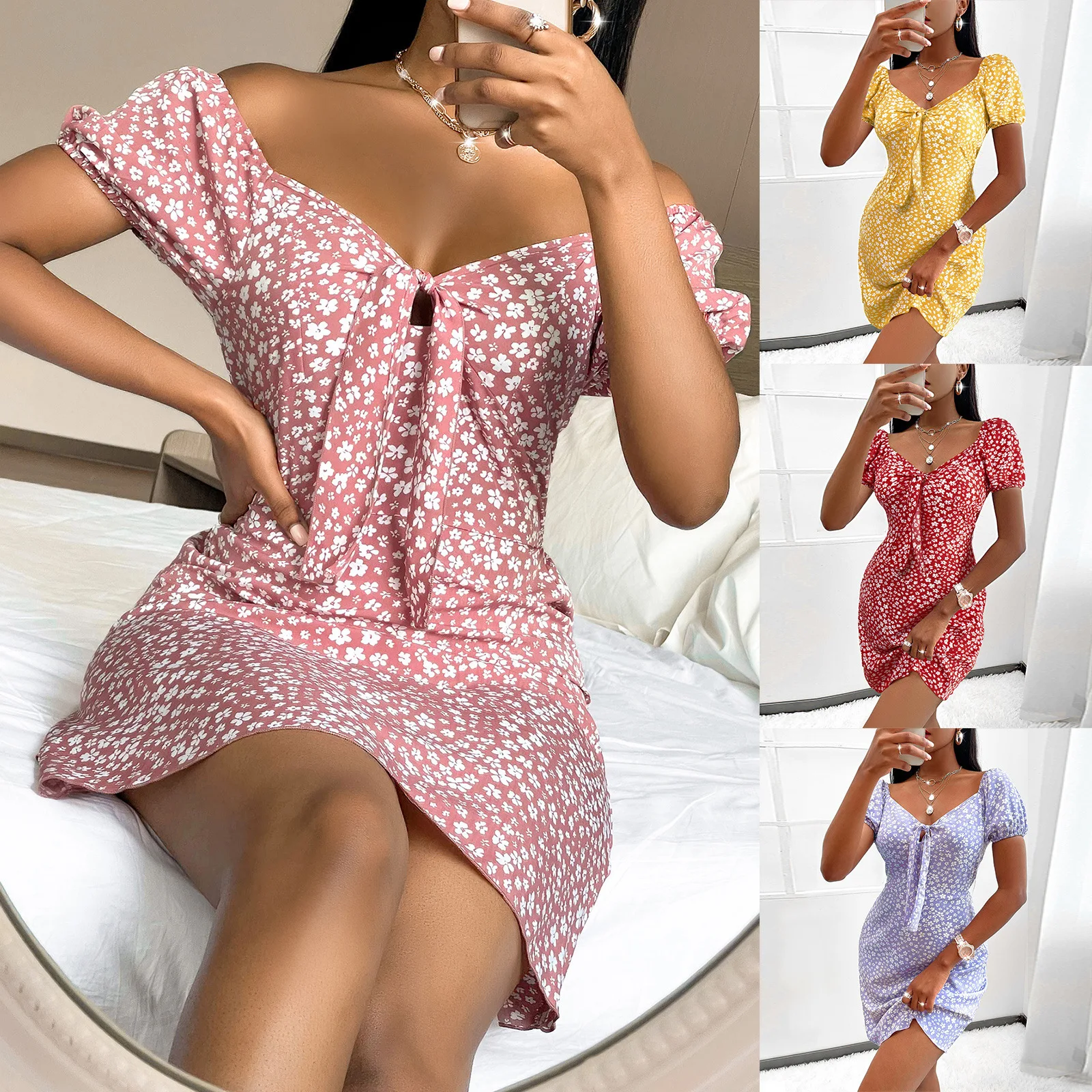 

Women's 2023 Summer New Printed Dress Female & Lady Casual Party Sexy V-Neck Backless Dresses