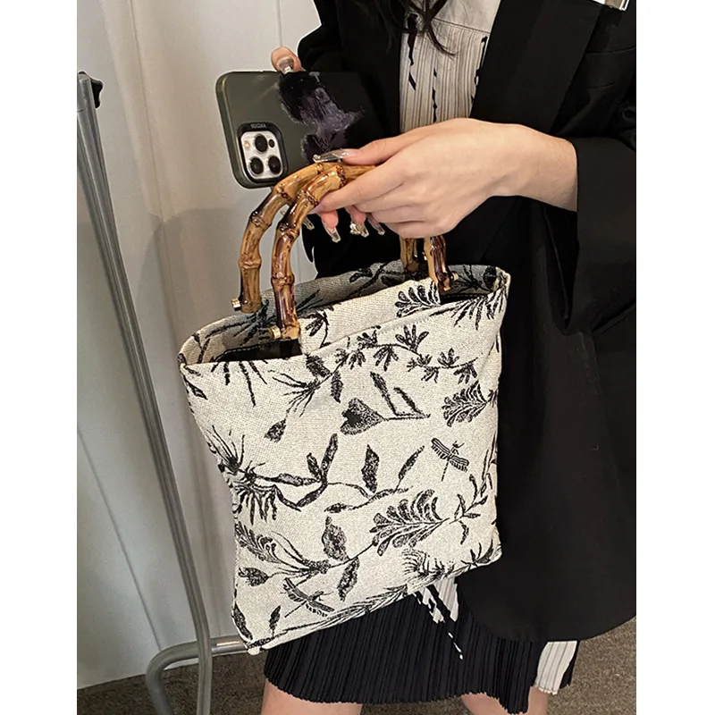 Chinese Style Vintage Flower Pattern Handbag Fashion Trend Bamboo Handle Tote Bag Women's Cheongsam Han Chinese Clothing Bag